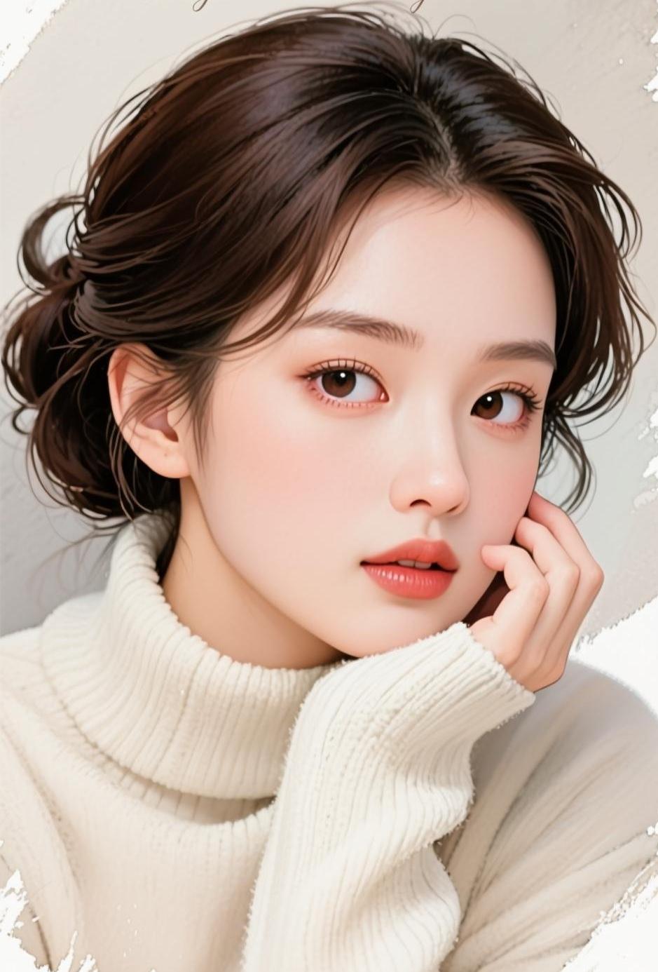 温柔甜美的冬日穿搭，温暖毛衣搭配自然妆容，尽显冬日温暖与甜美。