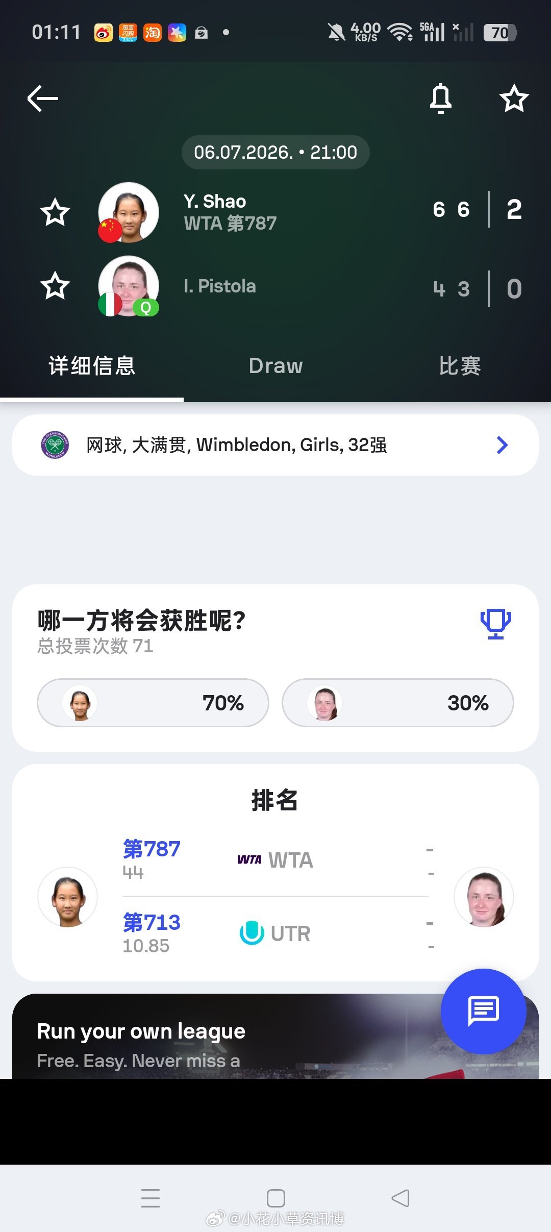 小花小草资讯 【温网2026】 青少年女单第二轮邵羽杉🇨🇳以6-4/6-3击