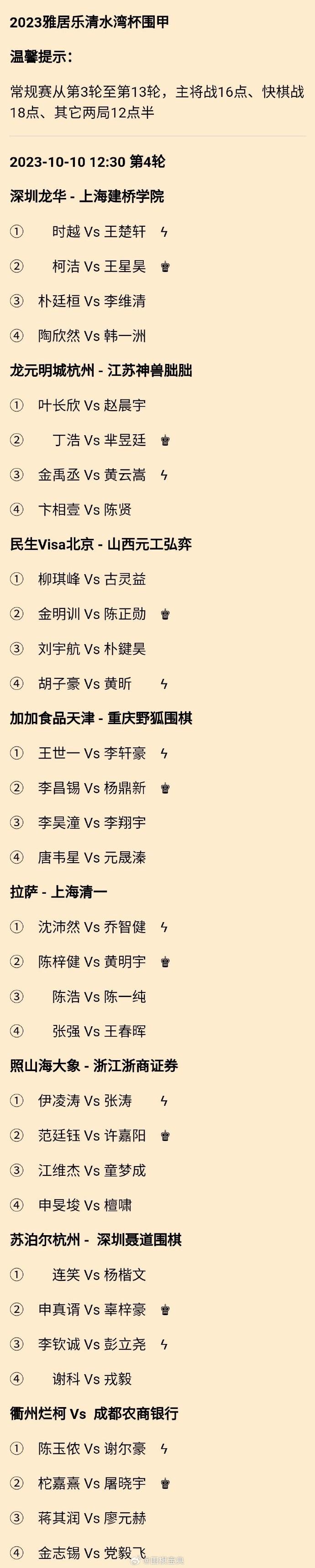 速报：第25届#围棋# 甲级联赛第4轮对阵；申真谞 Vs 辜梓豪、柯洁 Vs 王