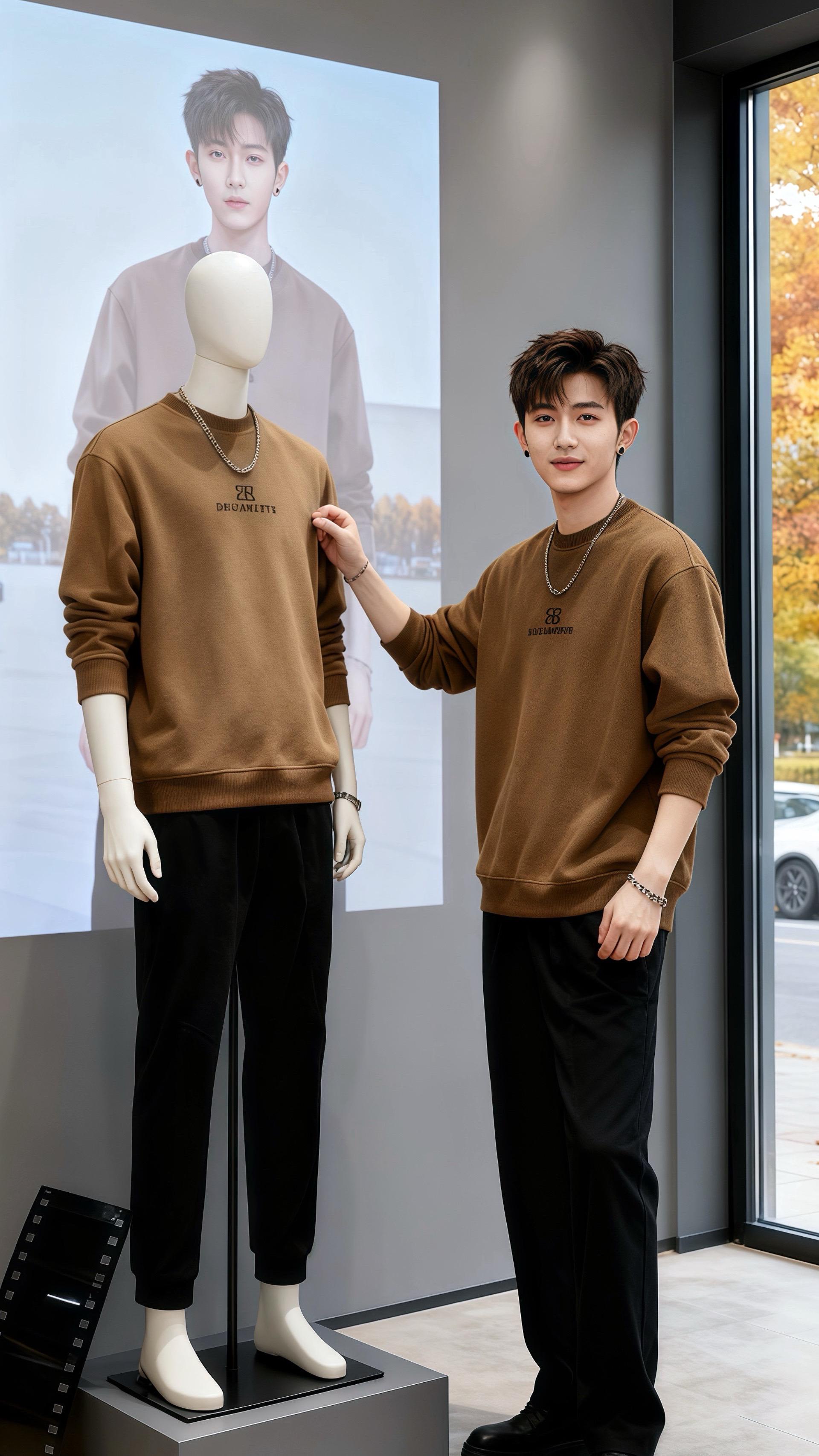 逐光的卫衣少年  陈阳穿着那件棕褐色卫衣，站在城市街角，阳光在面料上晕...