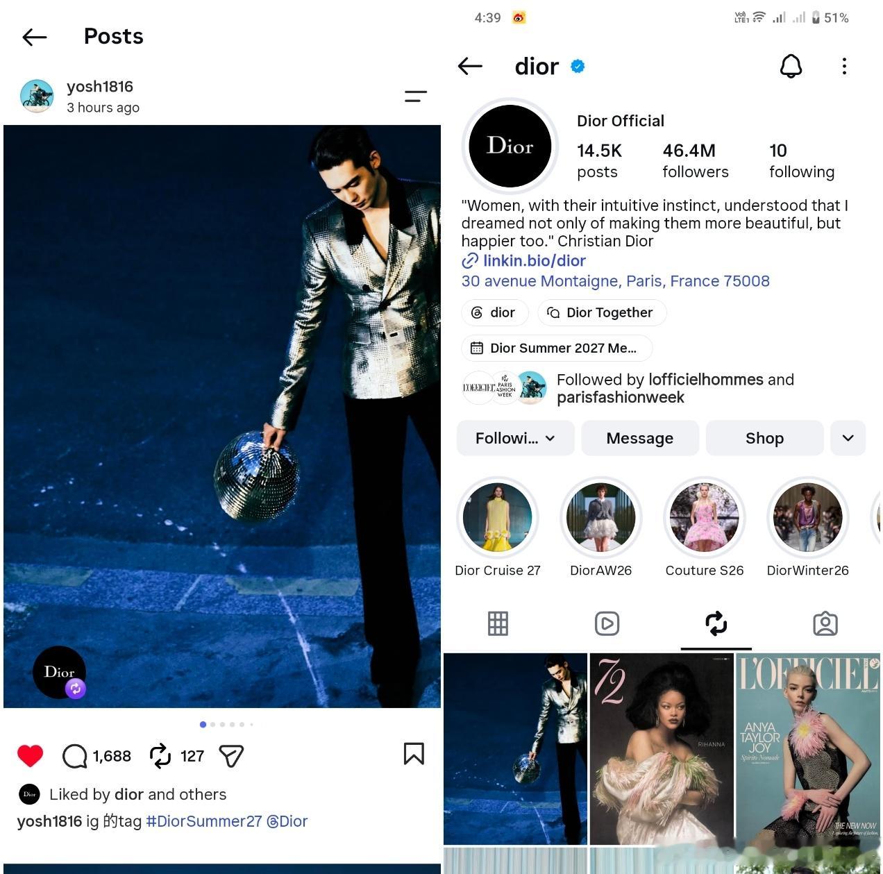 于适Dior Ins官博首位认领并且点赞🐮 