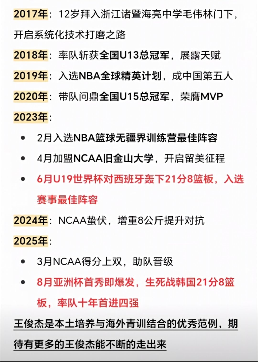 如果王俊杰将来能坐稳国家队的主力4号位，这实际上就探索出一条很好的利用海外青训资