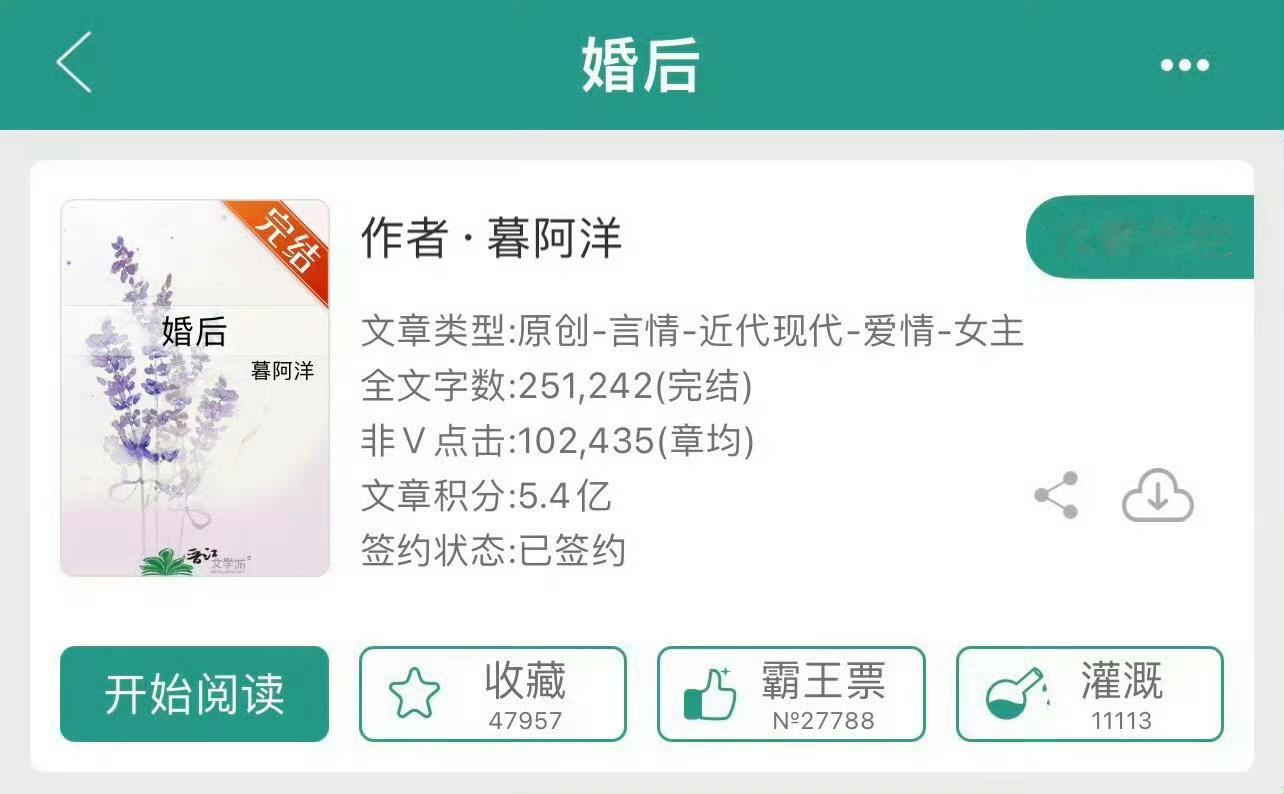 小说推荐：《婚后》 作者:暮阿洋简评：娇俏软糯舞蹈生vs清冷温柔大总裁，商业联姻