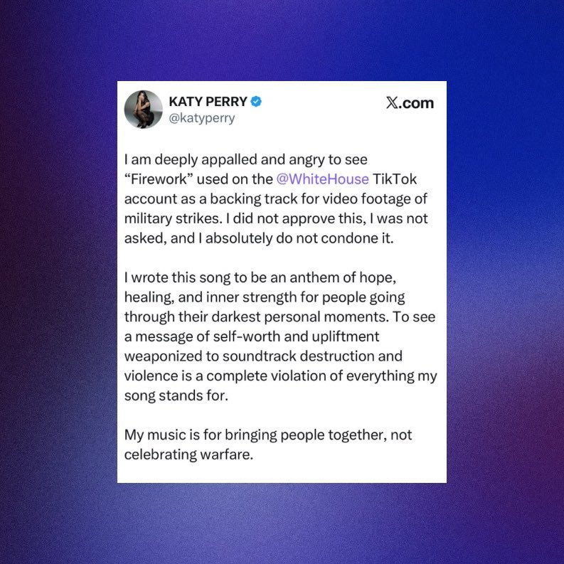 水果姐怒了！！反对白宫擅自她的歌来歌颂战争水果姐Katy Perry发文：「看到