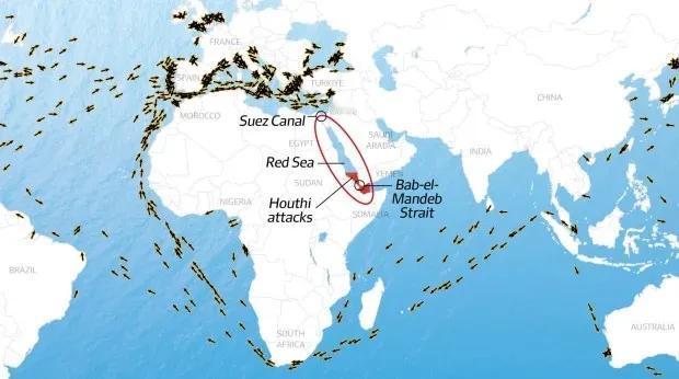 由于也门封锁红海，英国公司从亚洲到欧洲的运输成本飙升高达300%。

英国商会的