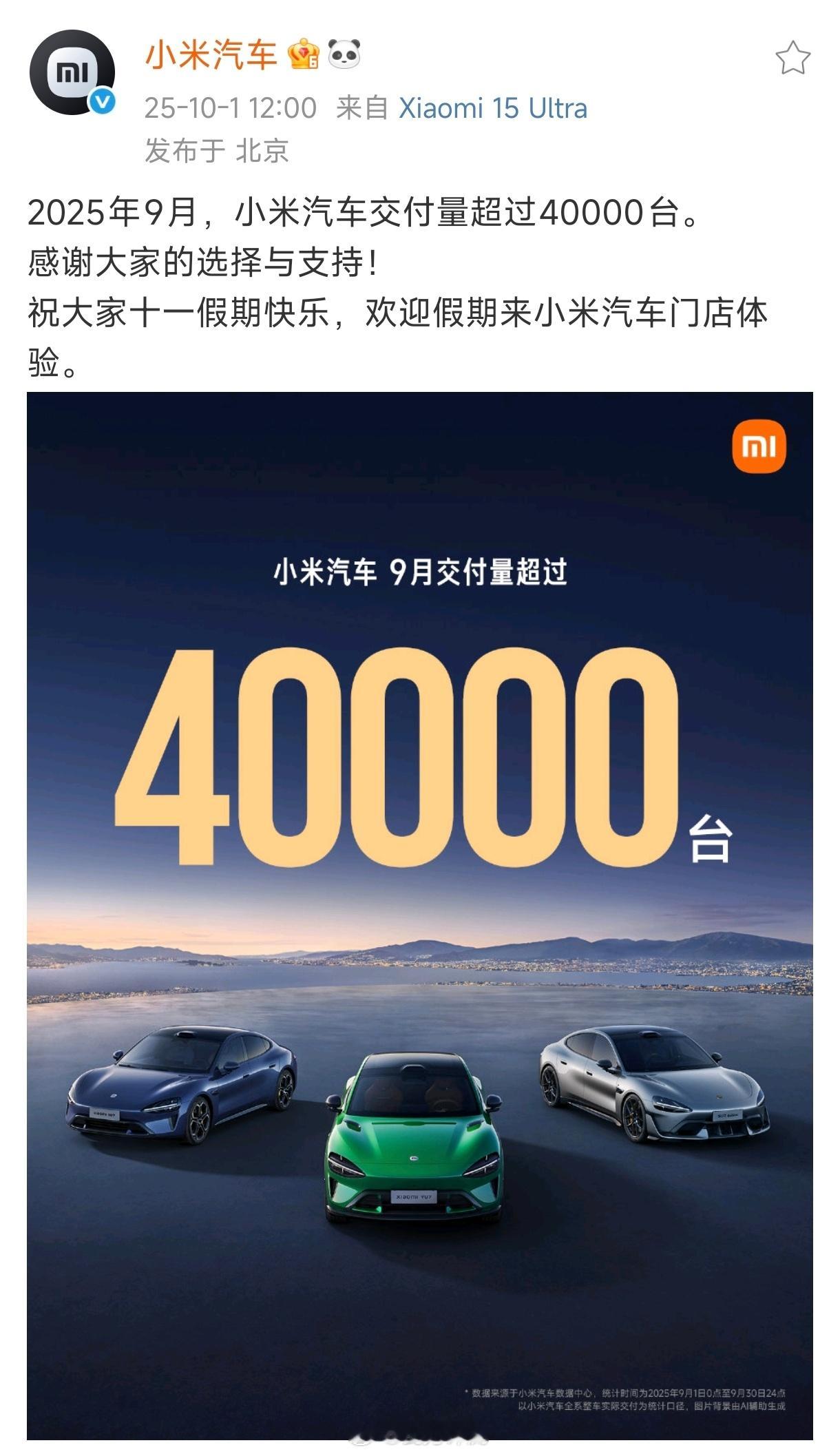 小米汽车9月交付了40000辆以上，只不过四舍五入抹零了。对小米来说这是阶段性的