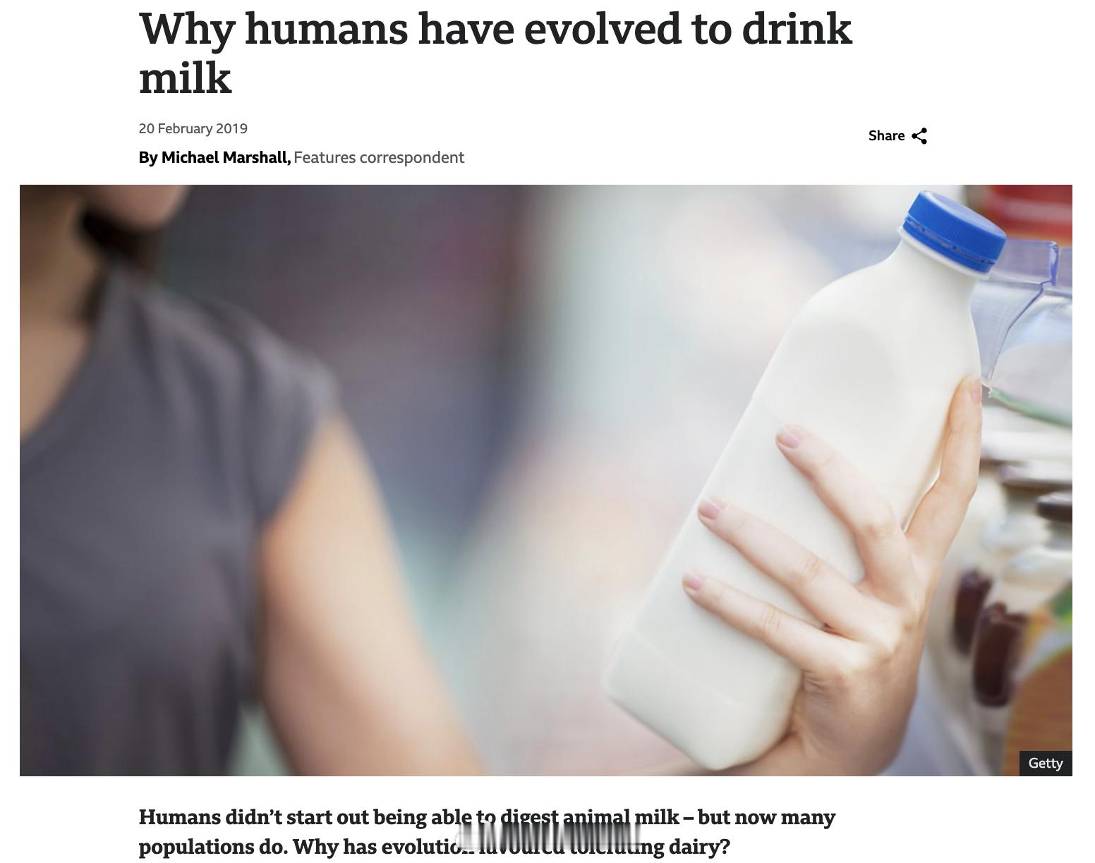 很多朋友提到的乳糖不耐受问题。1. 一万年前人类几乎是不喝牛奶的，因为婴儿可以喝