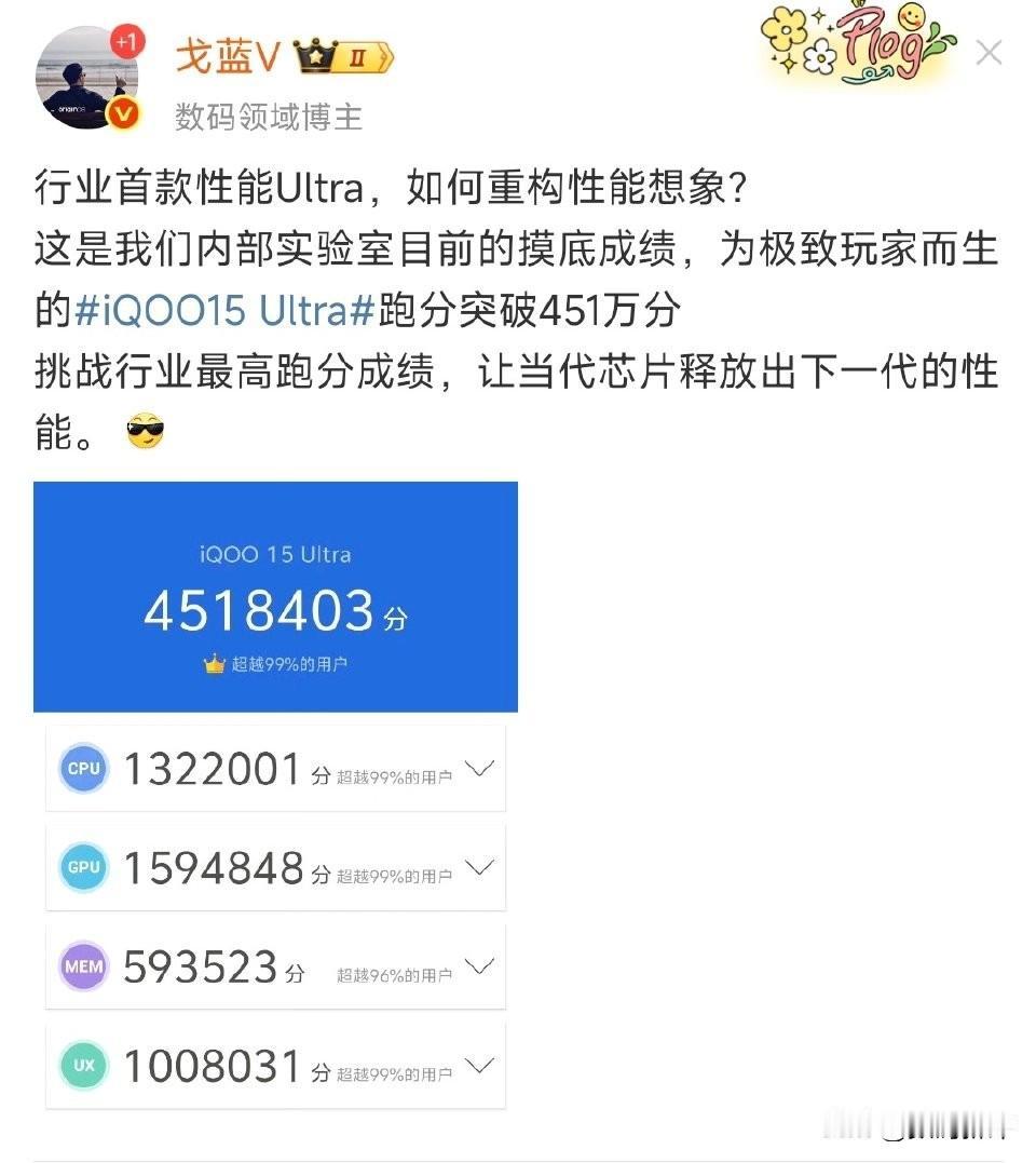 iQOO15Ultra实验室跑分破451万[笑哭]又是实验室跑分，极致榨干骁龙8