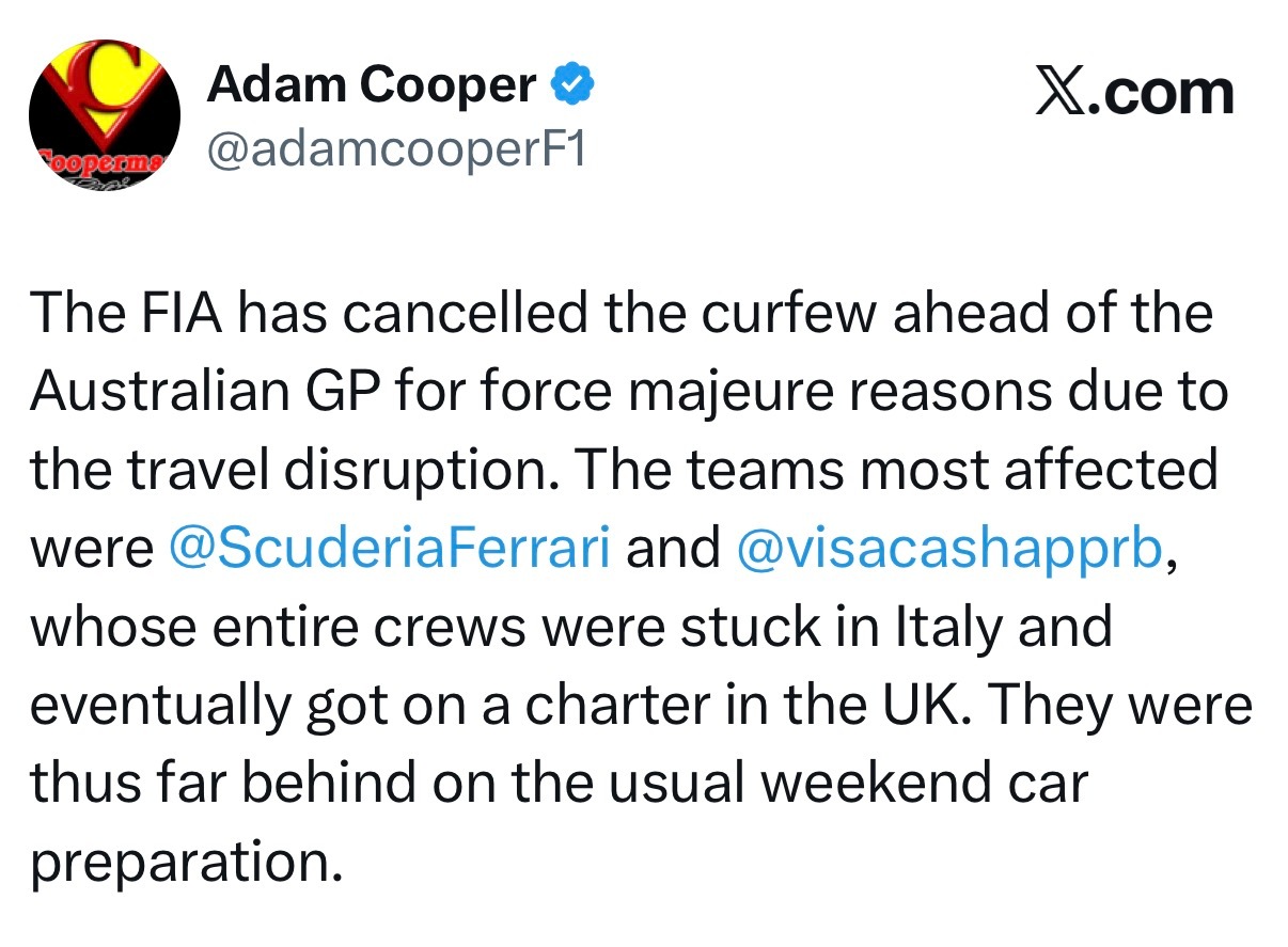 由于航班限制问题，国际汽联以不可抗力为由，取消了澳大利亚大奖赛赛前的宵禁规定。受