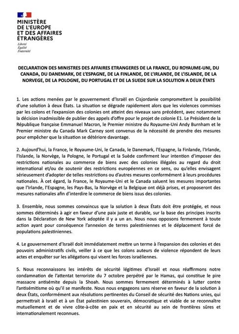 突发：英法和加拿大牵头，12国发表联合声明，宣布禁止进口在约旦河西岸犹太人定居点