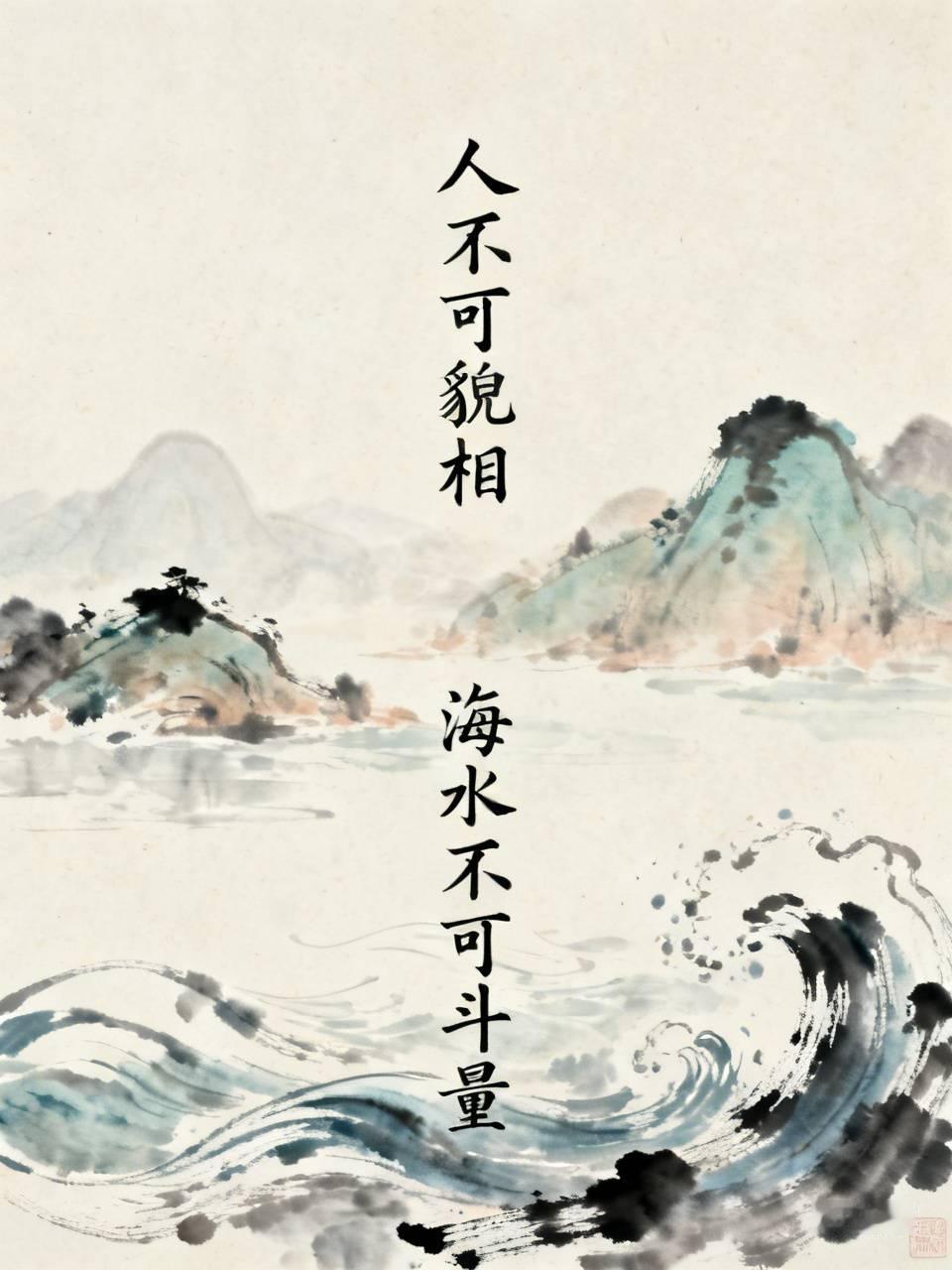 上联：凡人不可貌相，
下联：海水不可斗量。