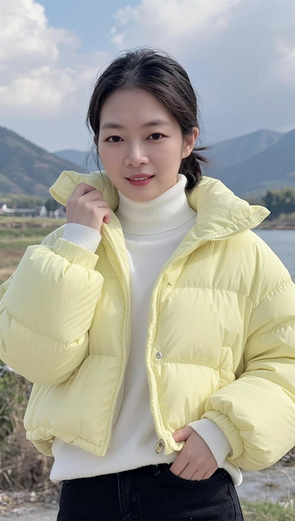 AI亮黄生活照 肤白貌美气质佳 颜值在线 甜美女孩羽绒服