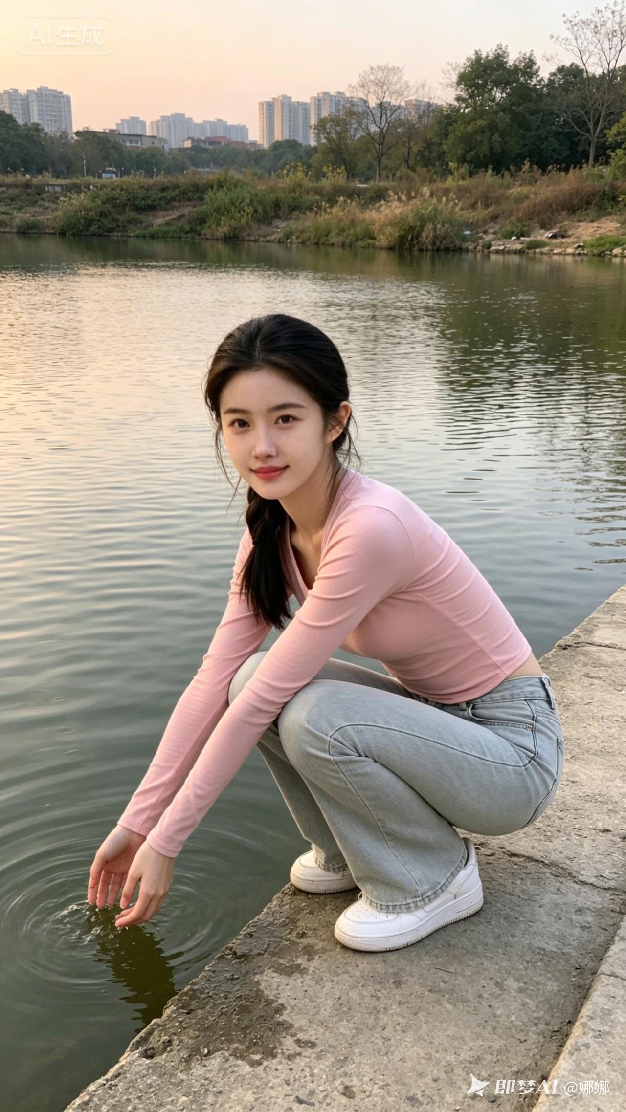 中长低马尾少女蹲在池塘石阶，粉紧身上衣搭配灰喇叭裤与白鞋，双手轻触水面直视镜头。