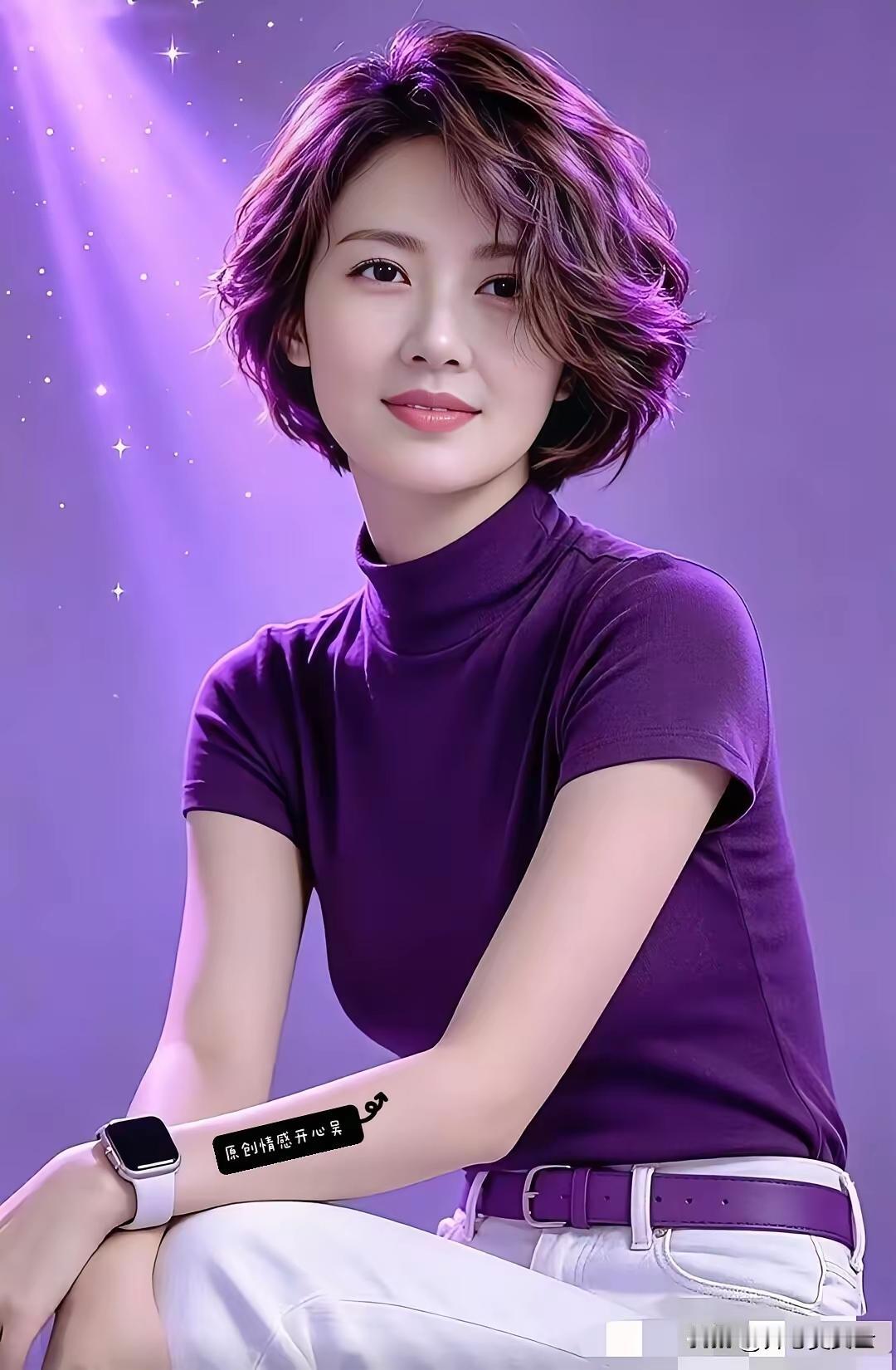 一个穿紫色衣服的女孩在微笑。