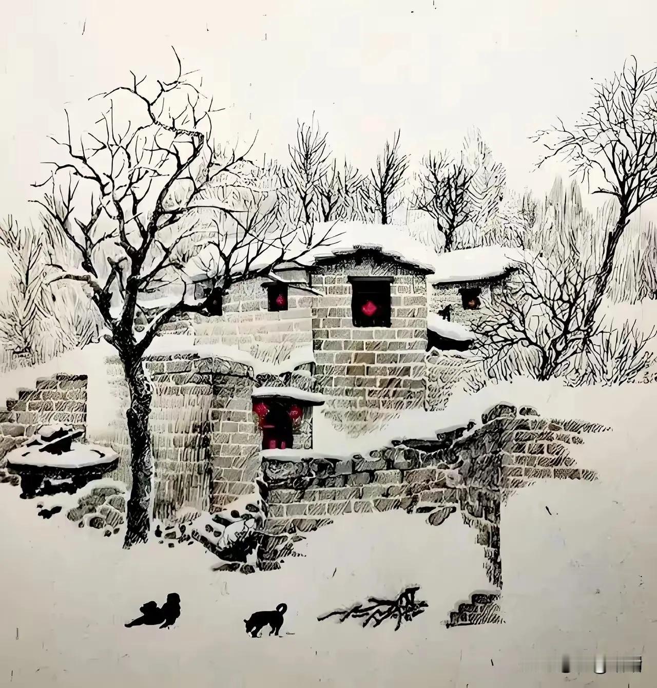 這張圖裏有三個人，一個在掃雪，一個在雪地中睡覚，一個在雪地中爬行，另外還有只兔子