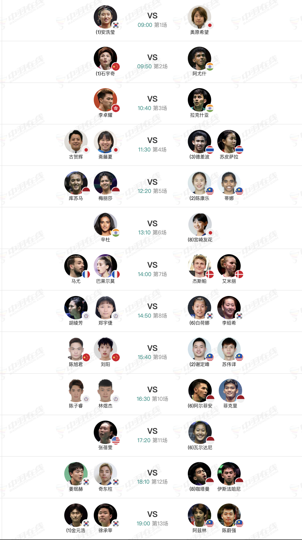 2026年马来西亚羽毛球公开赛 1月8日各单项16进8赛程，早上9点开赛：【1号