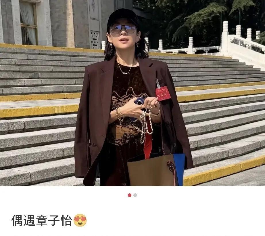 章子怡在北京友谊宾馆门口被偶遇，她穿得很正式，像是开什么会，纯素颜脸部浮肿，有中