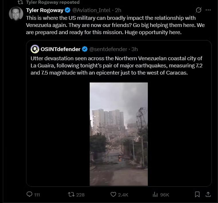 TWZ认为委内瑞拉大地震，老特可以表演一下救灾，洒点糖果拍个照，显示一下“美委亲