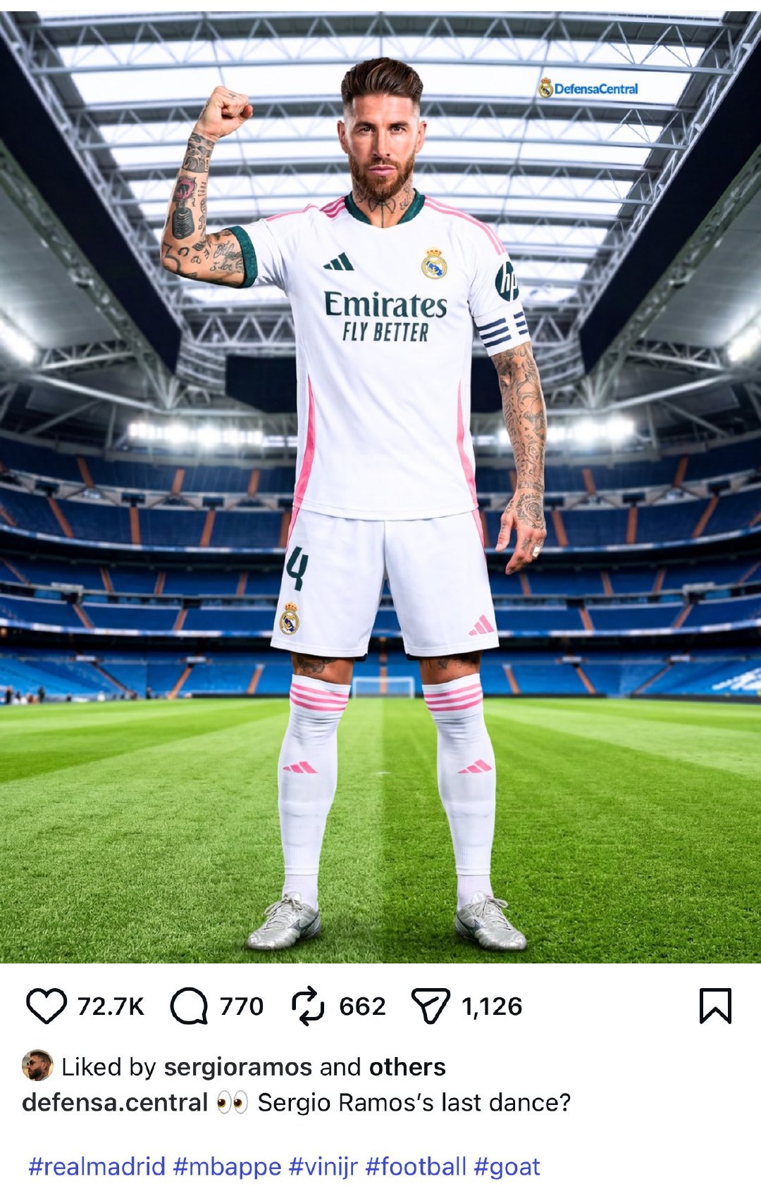 拉莫斯点赞了一篇自己穿着皇马球衣并配文“最后一舞”的帖子 