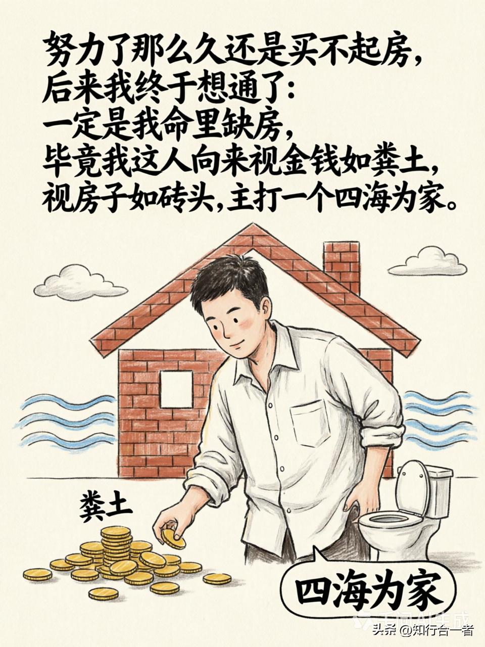 “努力了那么久还是买不起房，​后来我终于想通了：​一定是我命里缺房，​毕竟我这人