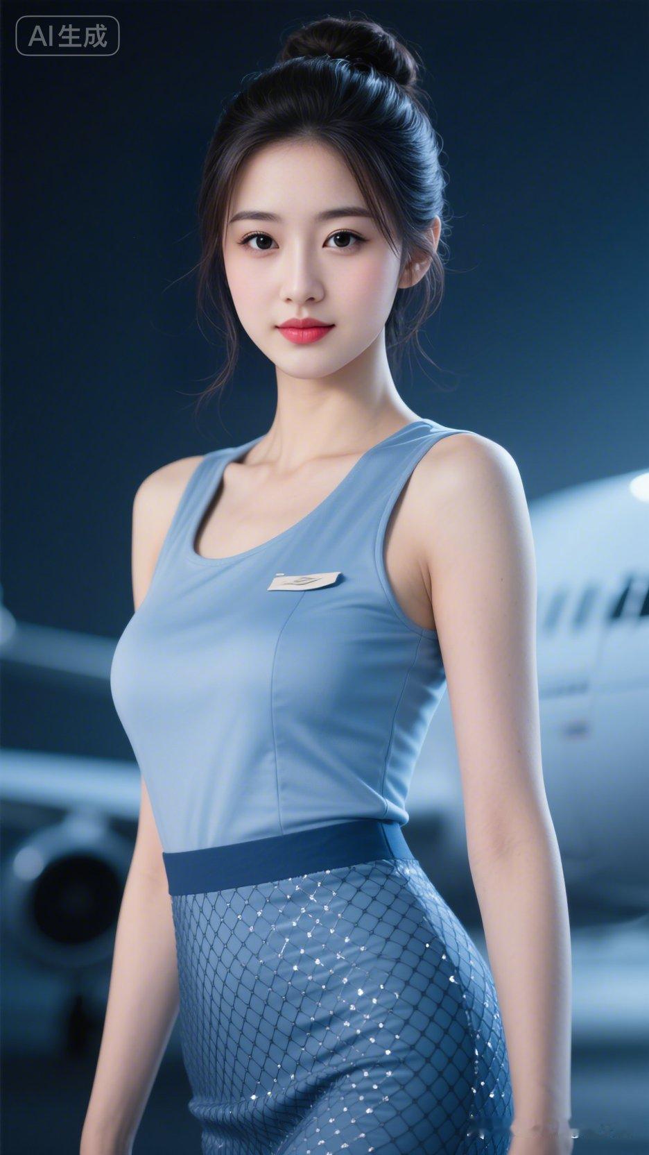 骄俏美女乌黑凌乱长发挽起，精致五官大眼明亮。肌肤晶莹无瑕，身材丰韵优美，浅笑妩媚