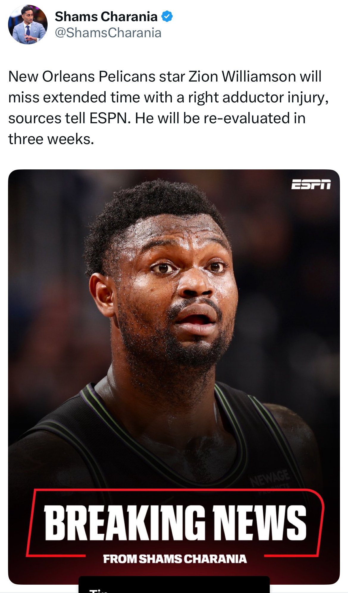 又伤了，新奥尔良鹈鹕队球星锡安·威廉姆森因右侧内收肌受伤将缺阵一段较长时间，三周