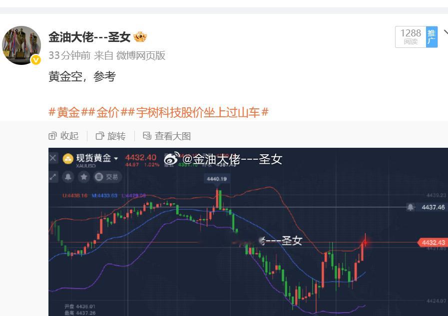 黄金4423了，大腿都要拍断了，前面冲高了一波，我们实盘的空单回落到4433附近