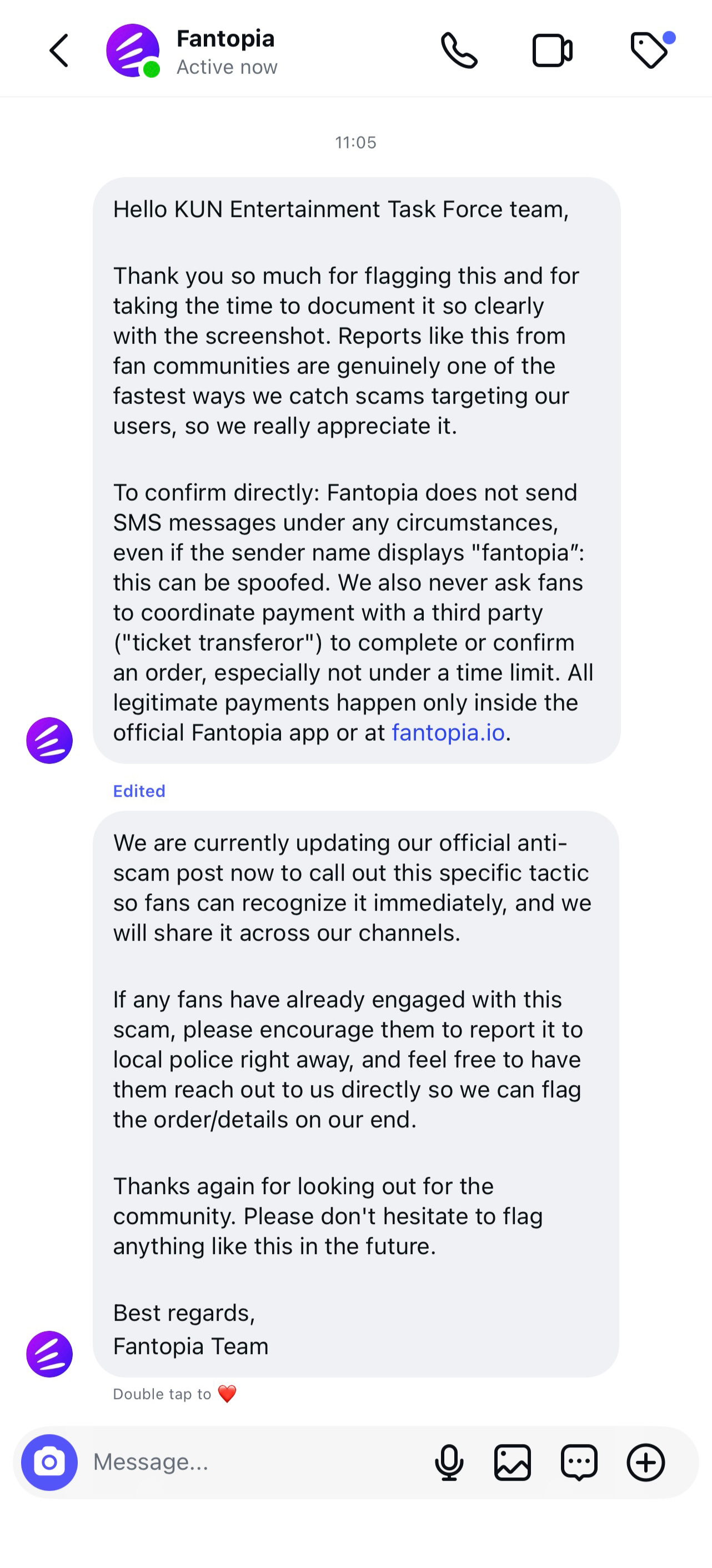针对于今日很多粉丝被zha骗的事情 我们与其中一个平台Fantopia取得了联系