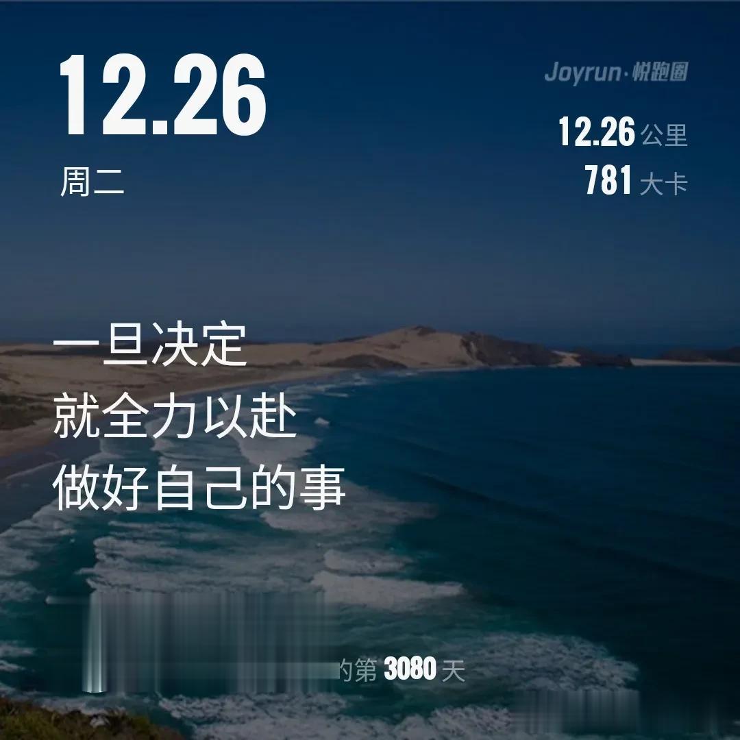 ​一旦决定就全力以赴做好自己的事！
12月26日，2℃ 无风，打卡12.26公里