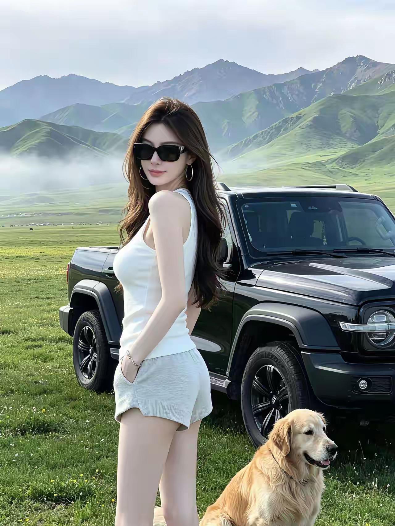 草原上，美女和狗