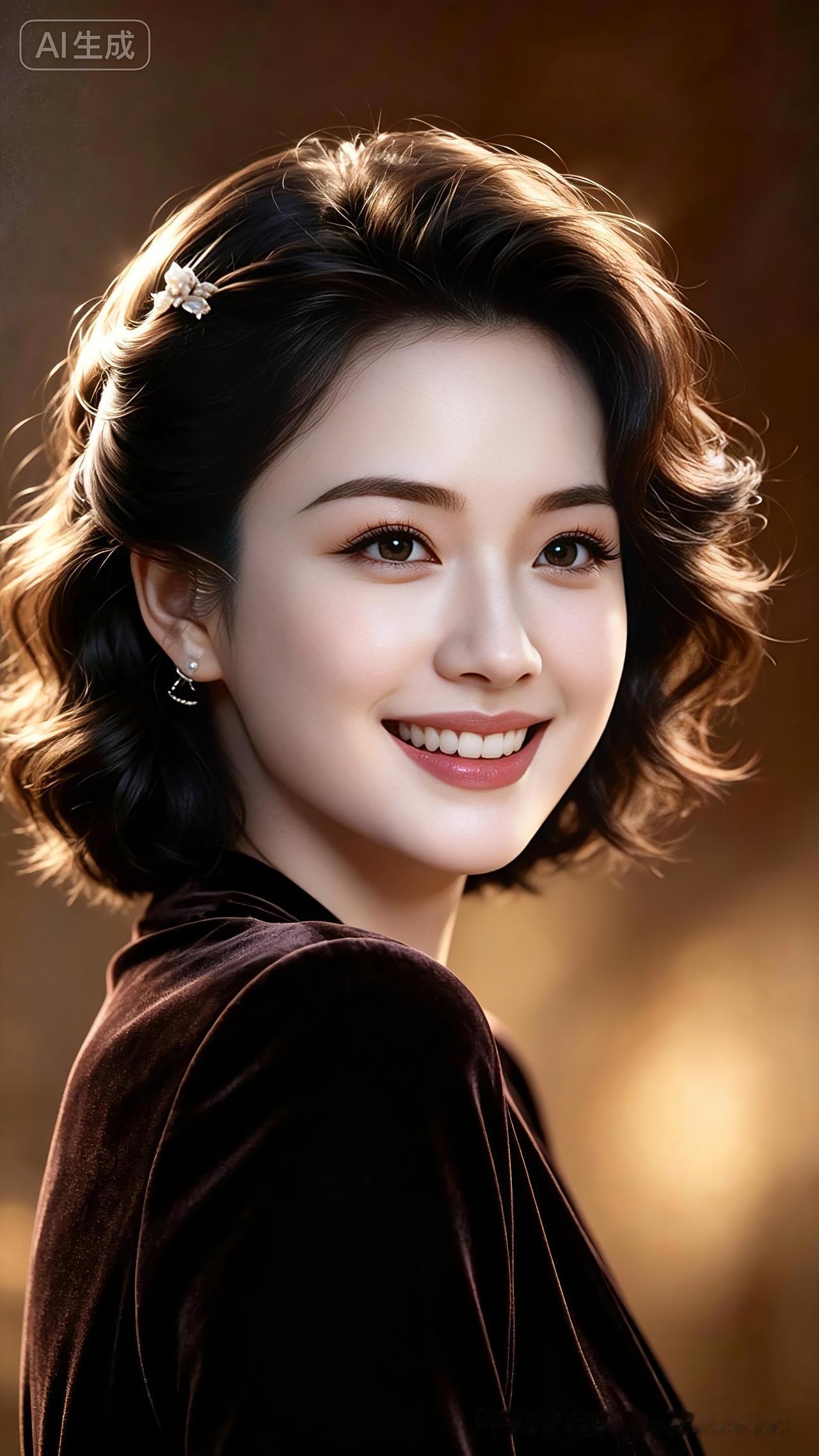 卷发芳容
 
短卷柔丝映暖光，
珠花点缀鬓边香。
明眸似水含温婉，
笑靥如花溢吉