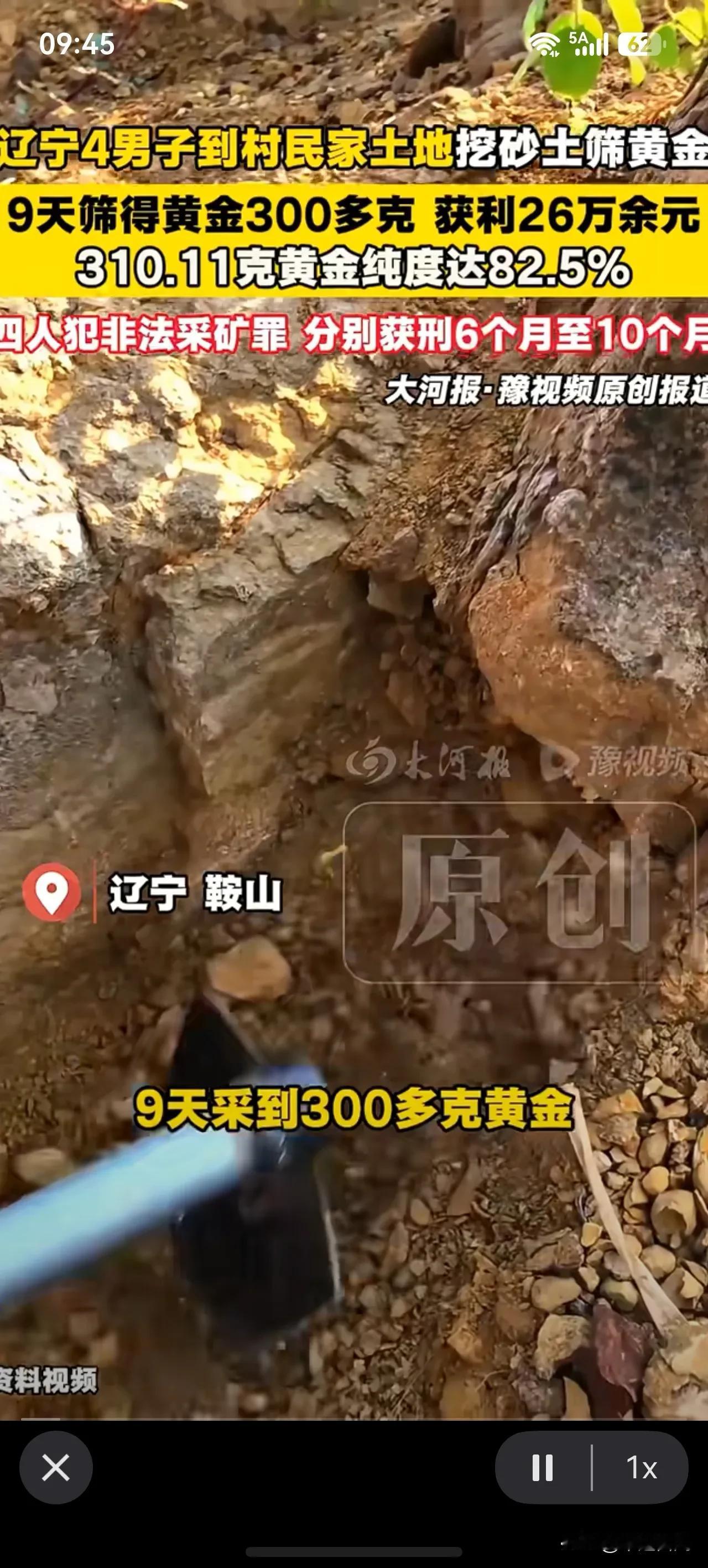 9天农村地里开采黄金300余克卖了26万余元。

辽宁鞍山岫岩县钟某等4人，无采