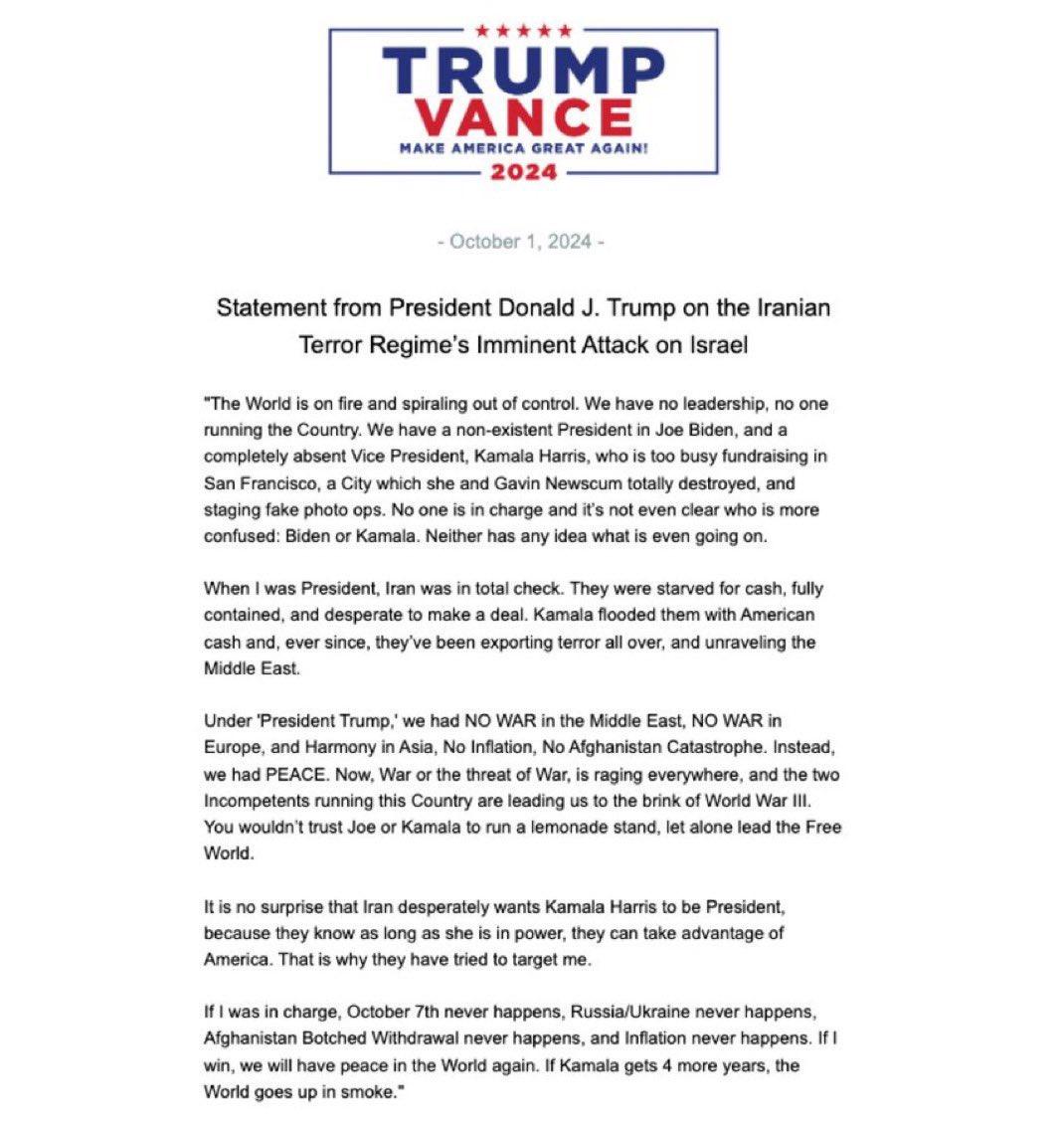 特朗普总统发表声明：“关于伊朗恐怖政权对以色列的即将袭击”
声明中提到：“世界在