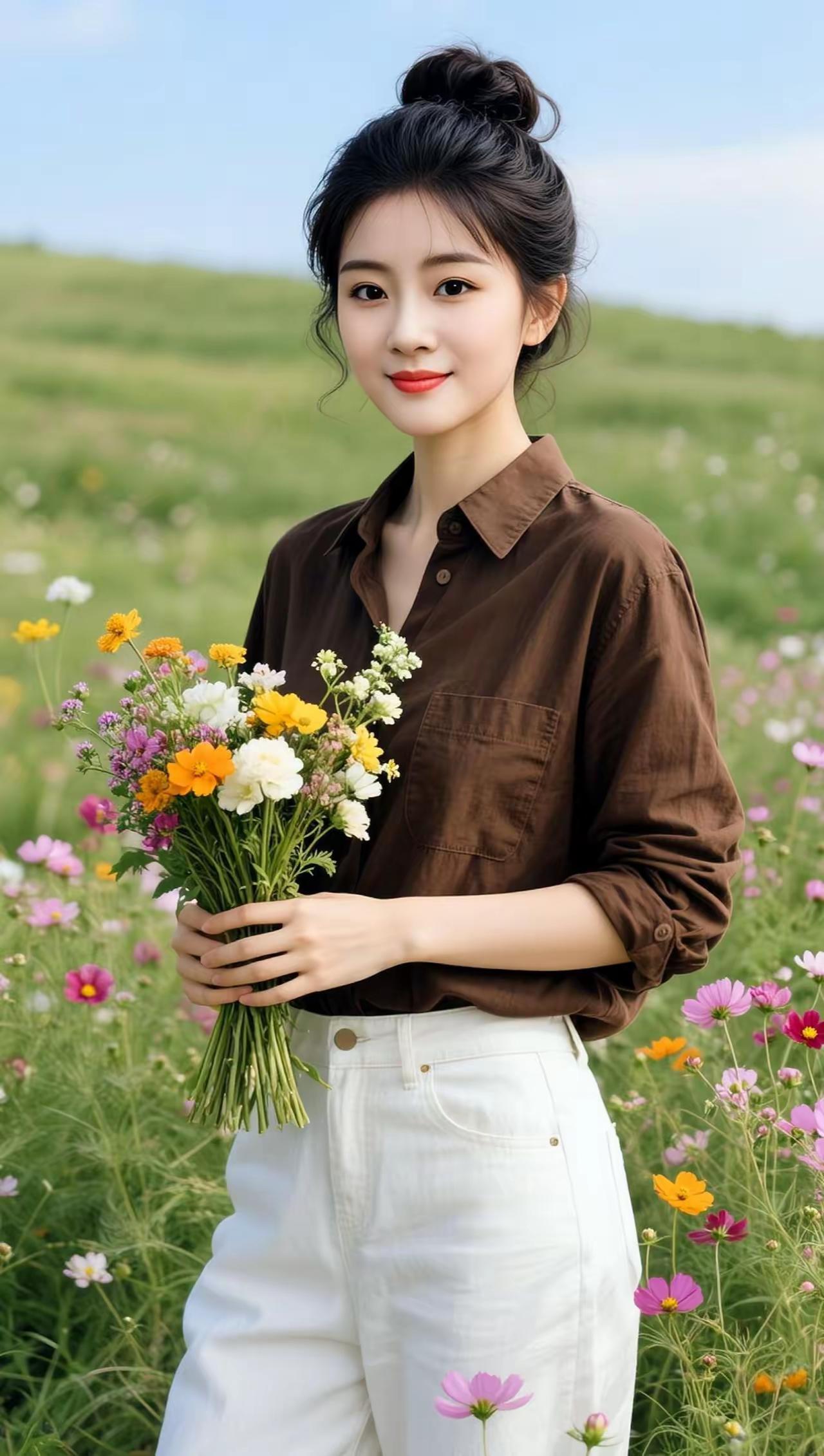 在花海中，手捧一束鲜花，感受大自然的美好。