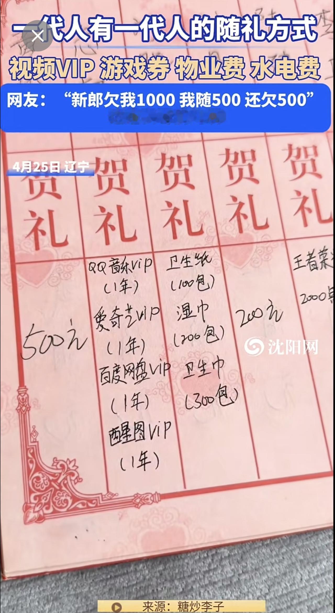 4月25日，辽宁 。一代人有一代人的随礼 方式，视频VIP、游戏劵、物业费、水电