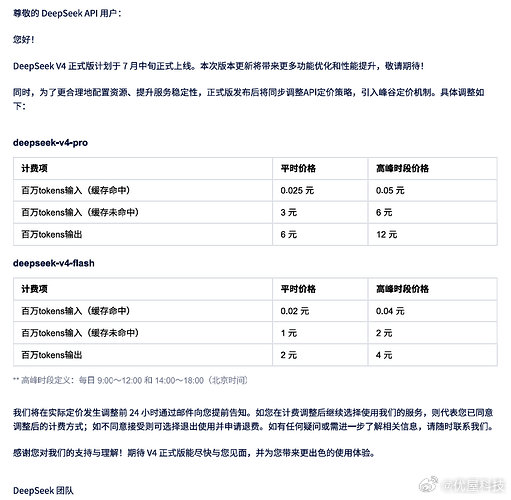 【DeepSeekV4正式版涨价DeepSeekV4高峰期价格翻倍】6月29日，