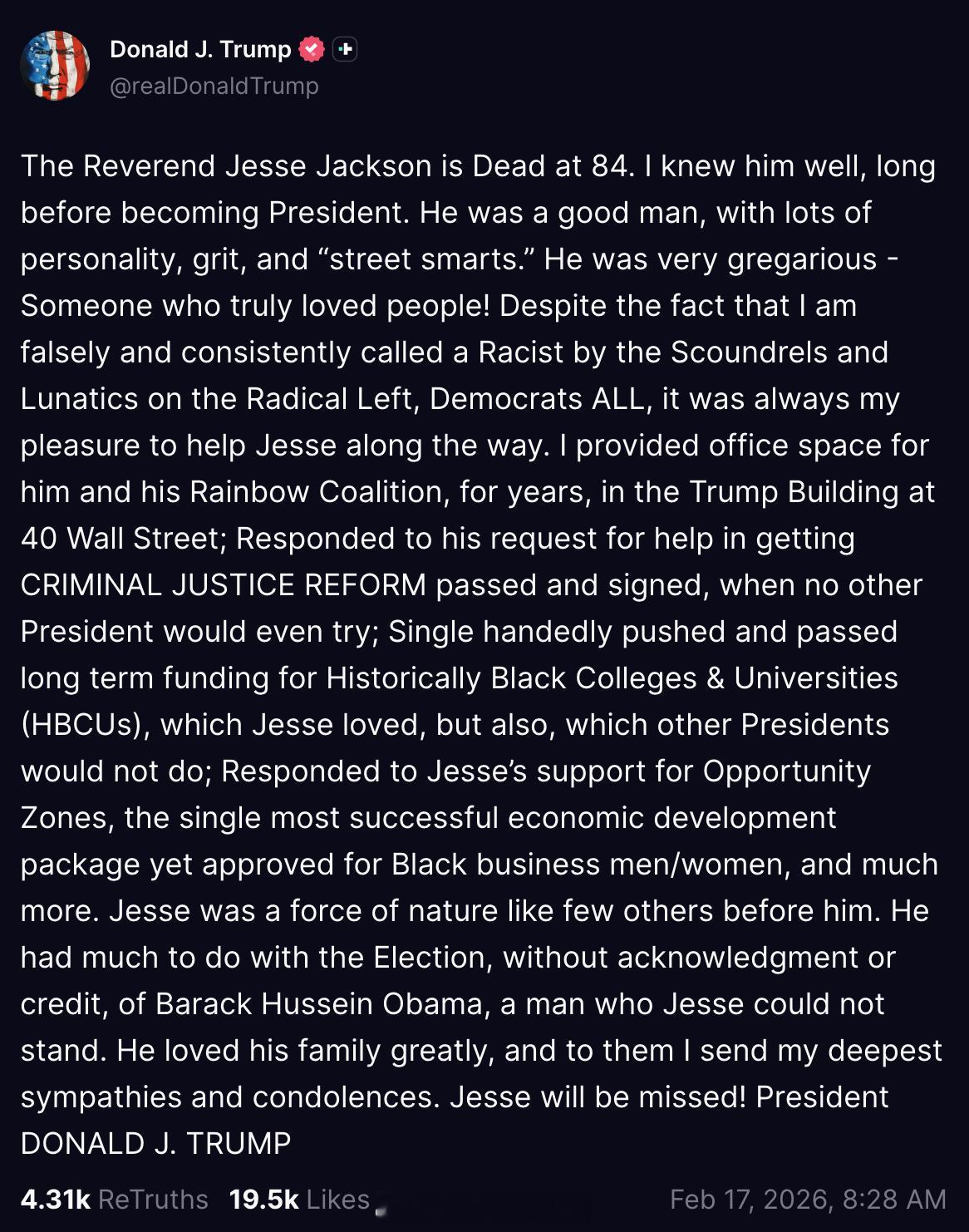 美国民权领袖、浸礼会牧师Jesse Jackson今天早上去世，84岁。Jack