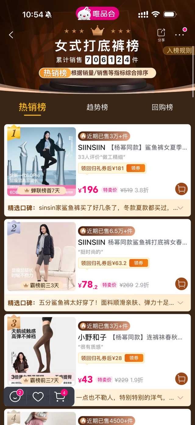 杨幂  唯品会女士打底裤榜单前10有6个我幂代言siinsiin和小野和子占据大