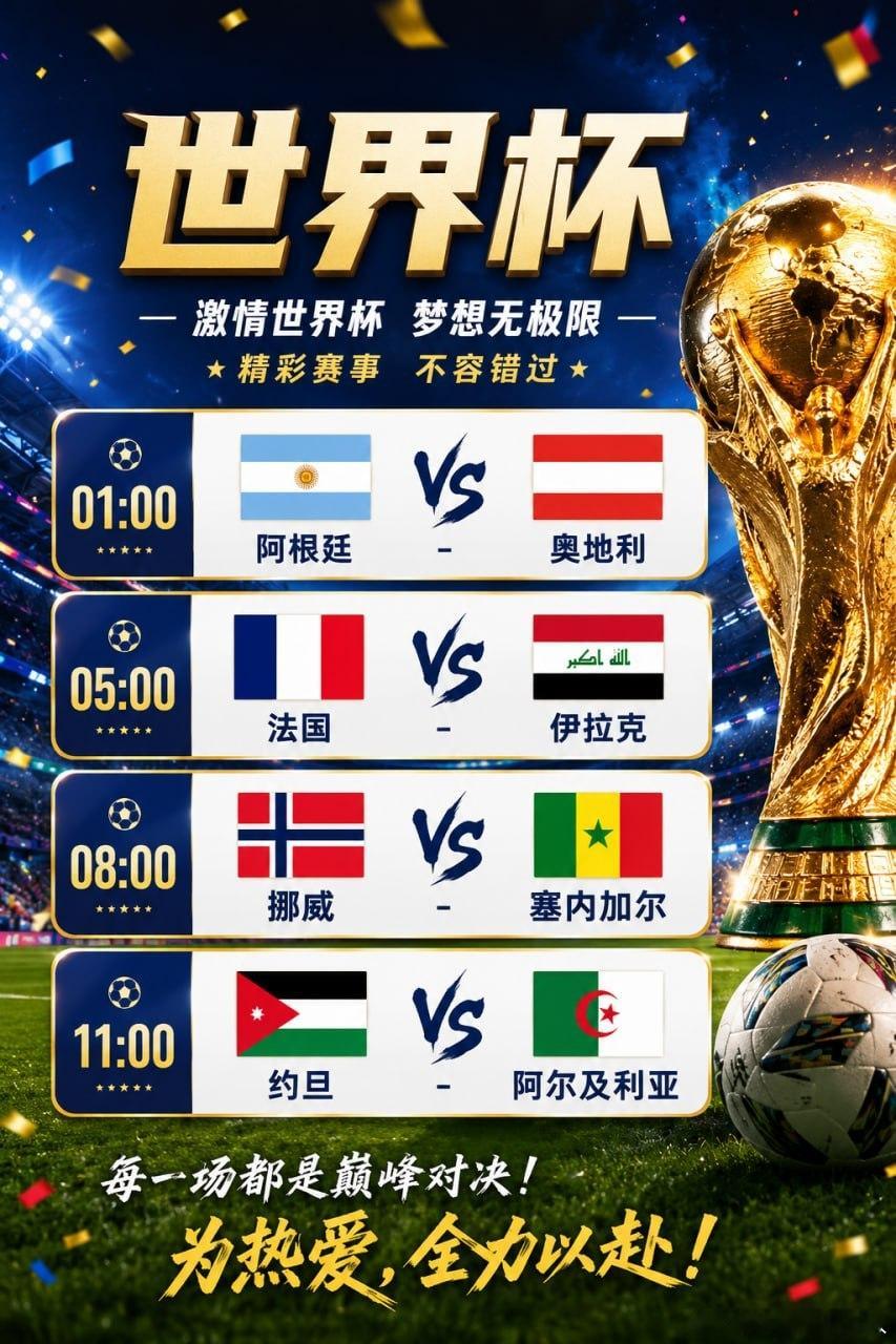 凌晨开始，世界杯四场大战来袭！🔥01:00 🇦🇷阿根廷vs奥地利 🇦🇹
