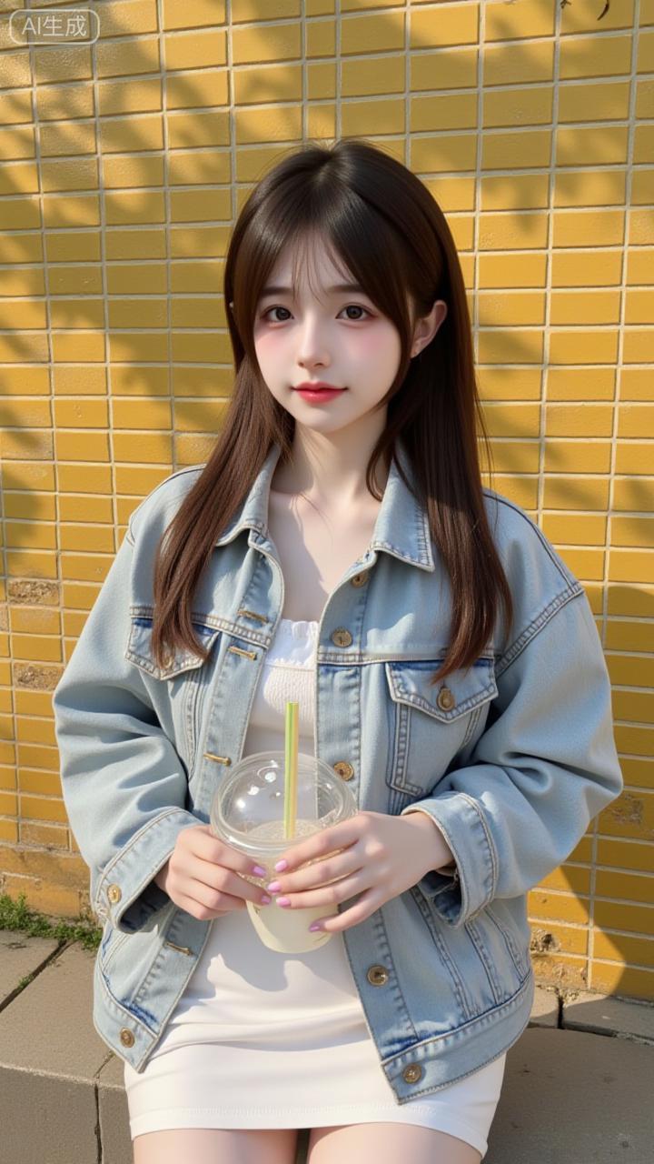 黄墙下的牛仔甜妹好清爽
 
浅蓝牛仔外套搭白裙，捧着冰饮坐在暖光里，松弛又带点软