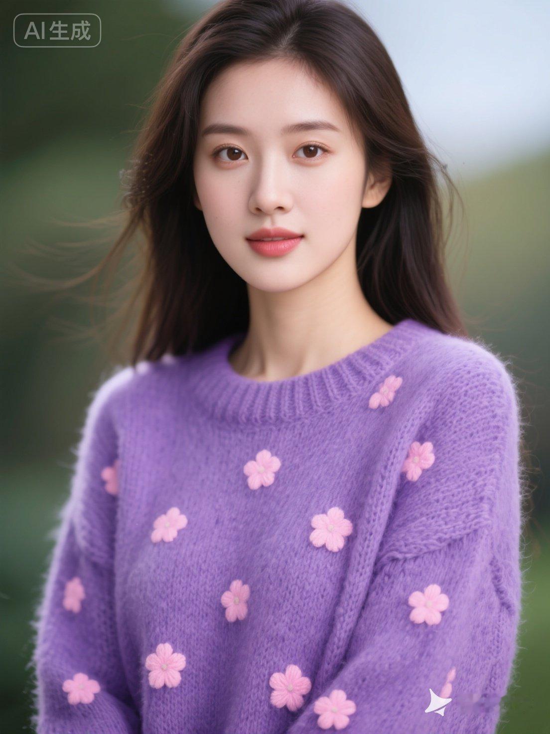 温柔紫毛衣少女，春日暖阳下的清新甜美