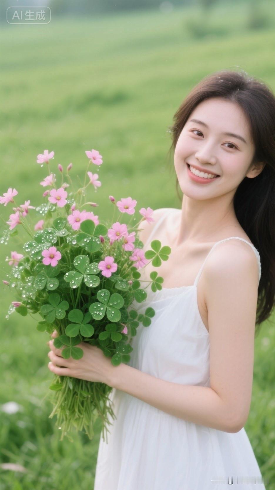 一个女孩在草地上捧着花微笑。