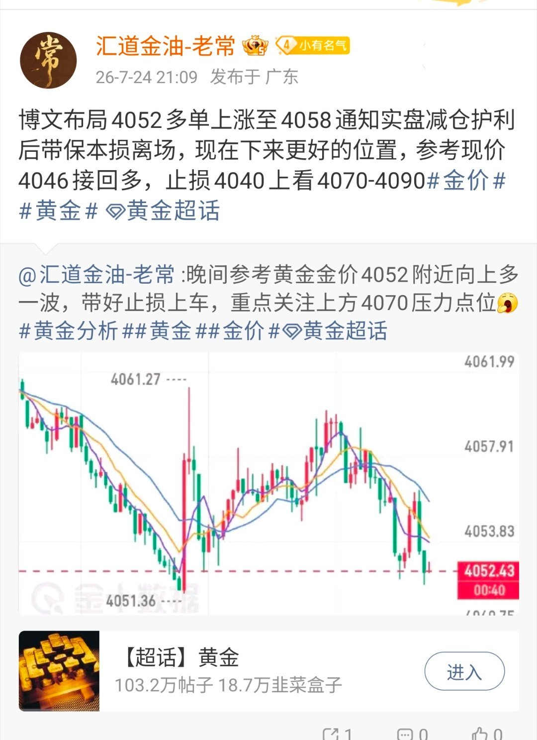 百点拿下，场外跟单的朋友们自行护利黄金黄金金价