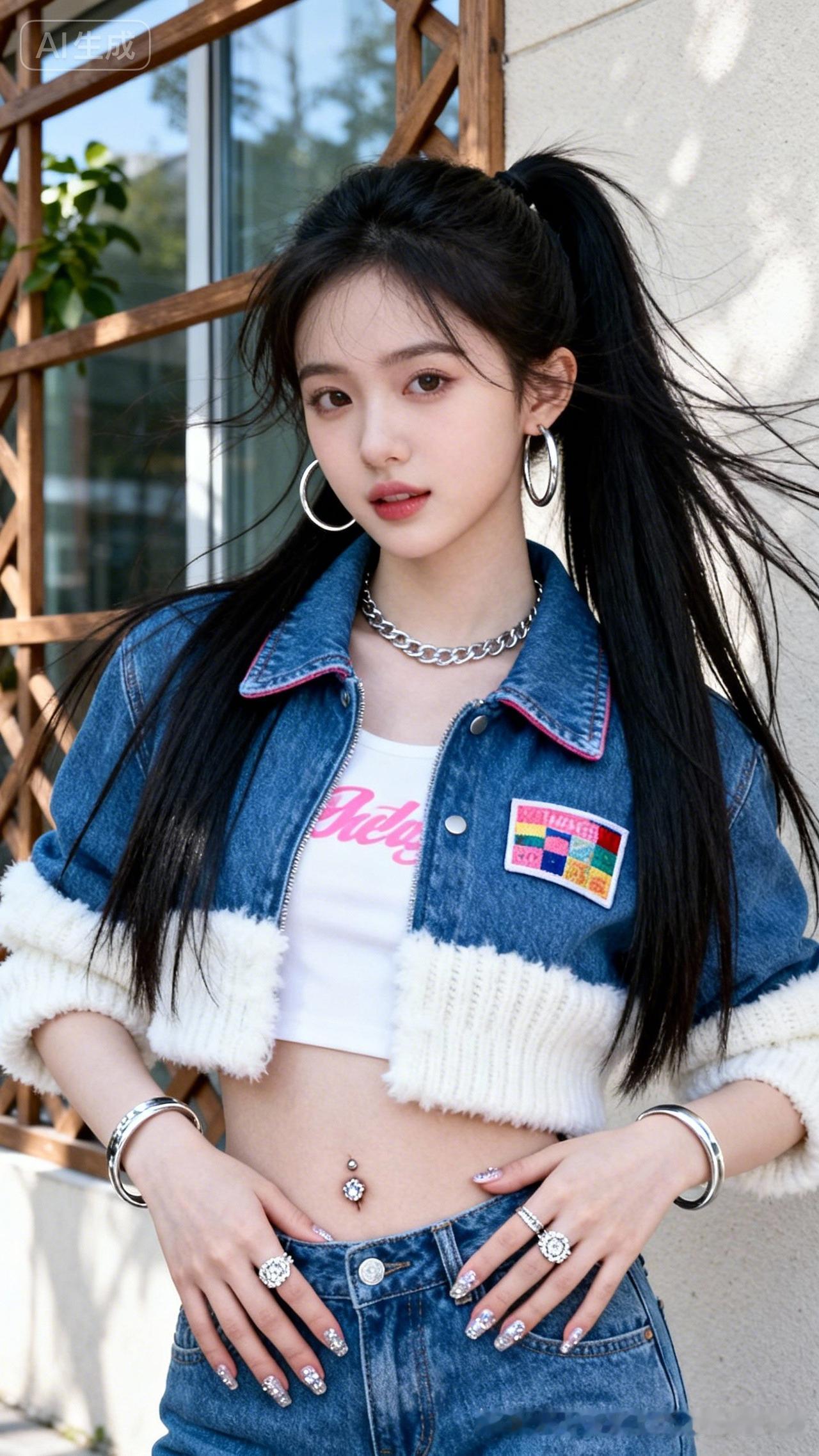 美女黑长直高马尾利落，冷白陶瓷肌，网感幼态尖下巴，蓝牛仔拼接毛绒外套搭白印花内搭