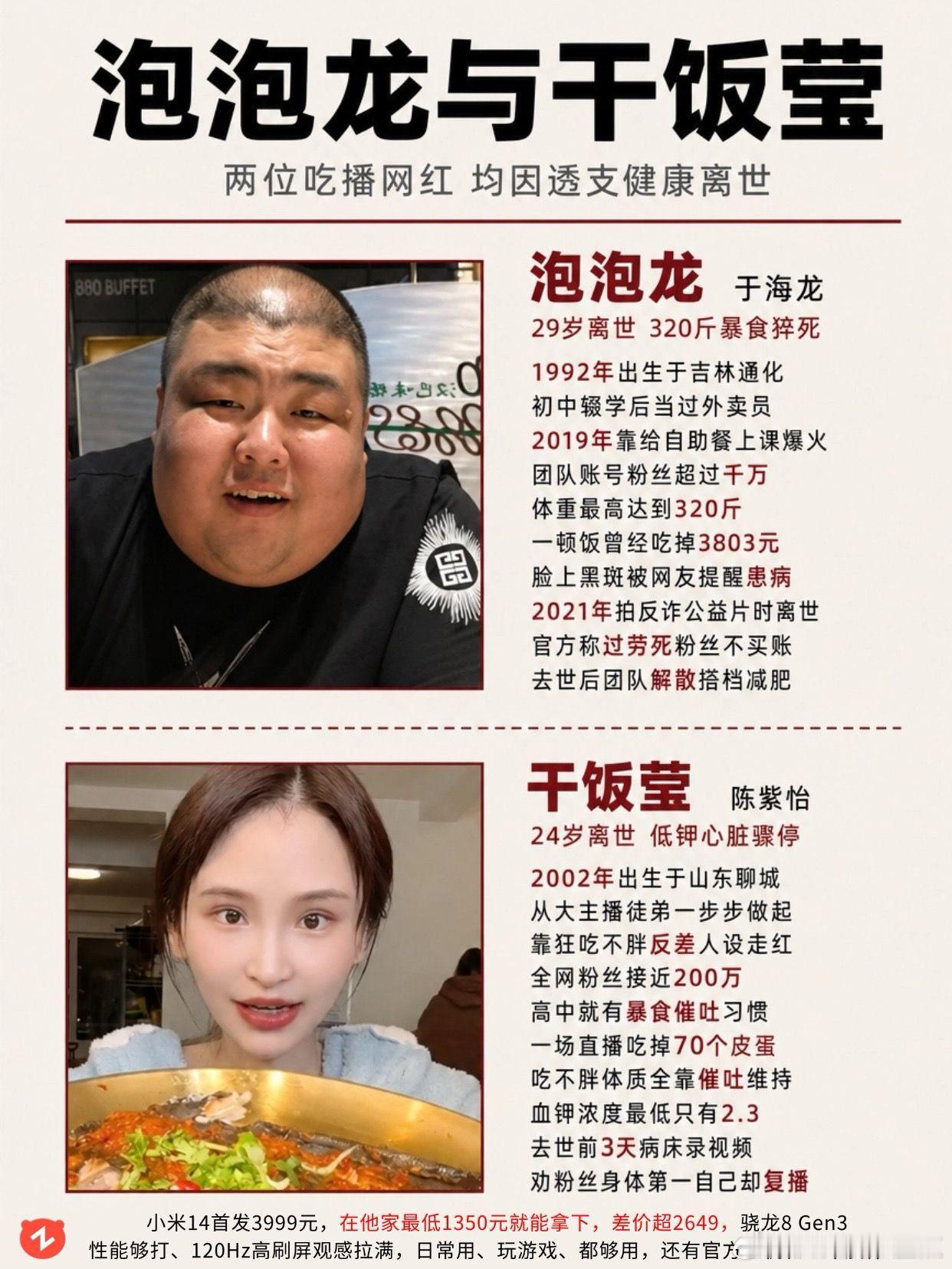 两位吃播先后离世，拿命换流量值吗?泡泡龙 干饭莹 吃播 健康警示 暴饮暴食 ​​