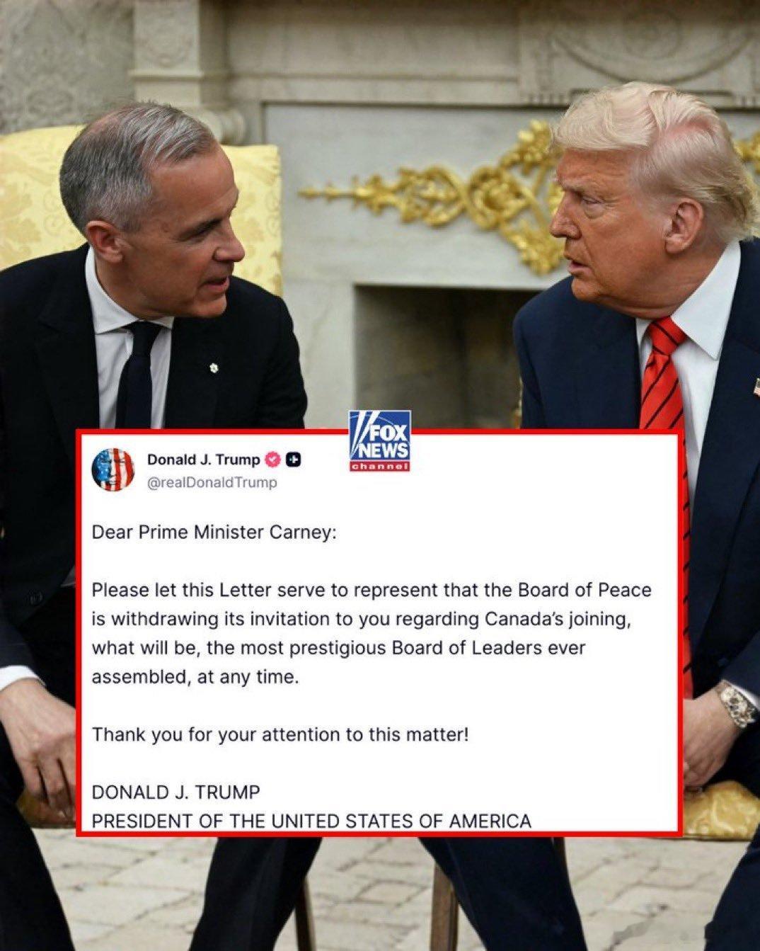 川普总统特地发文通知加拿大总理卡尼，撤销了对他加入和平委员会的邀请。虚伪的左派又