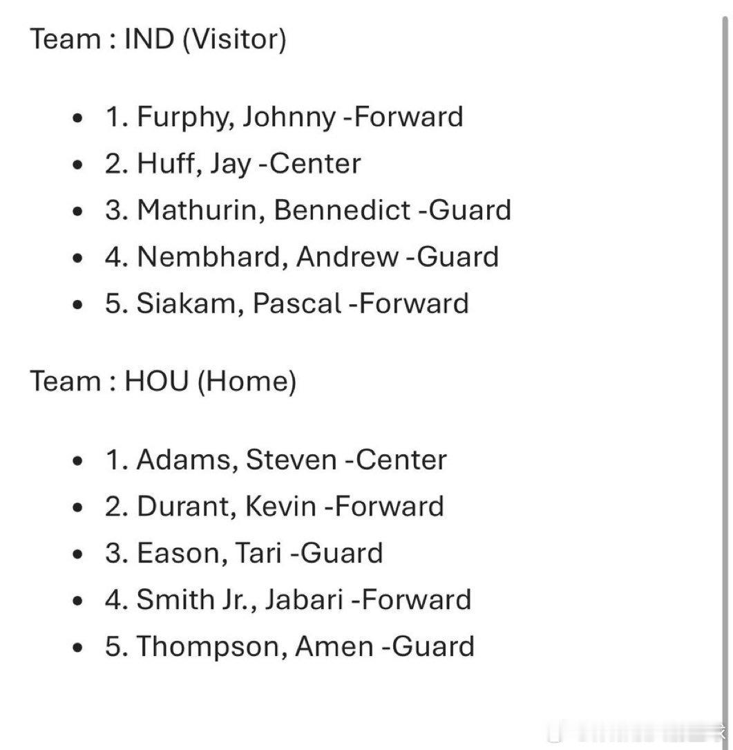 步行者vs火箭 首发出炉：▪️休斯顿火箭队 (主队)1. 史蒂文·亚当斯 - 中