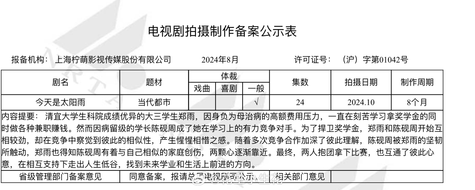 电视剧《今天是太阳雨》备案报备：柠萌影视导演：猫的树集数：24集 #今天是太阳雨