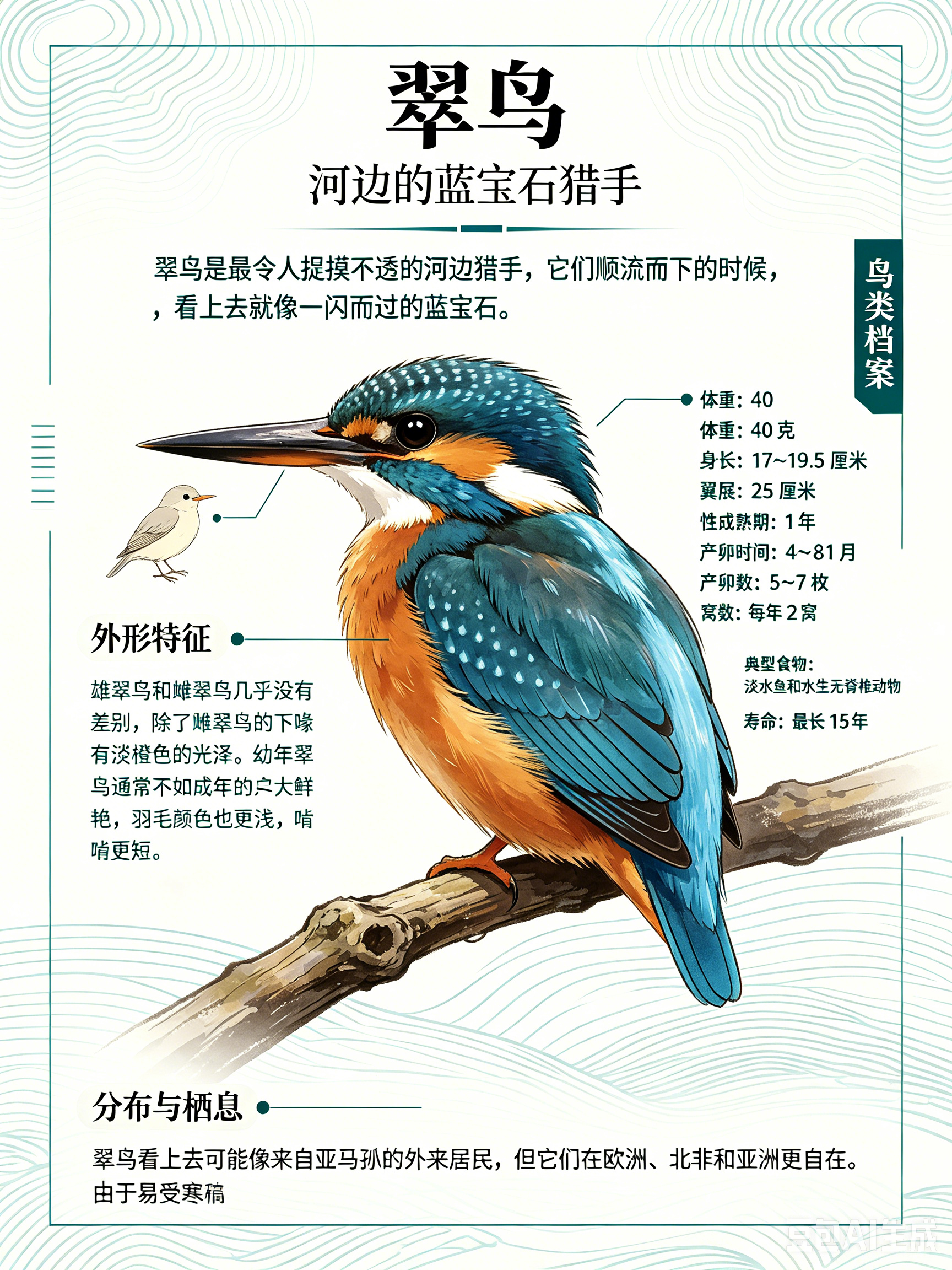 鸟类朋友图鉴 翠鸟翠鸟是最令人捉摸不透的河边猎手，它们顺流而下的时候，看上去就像