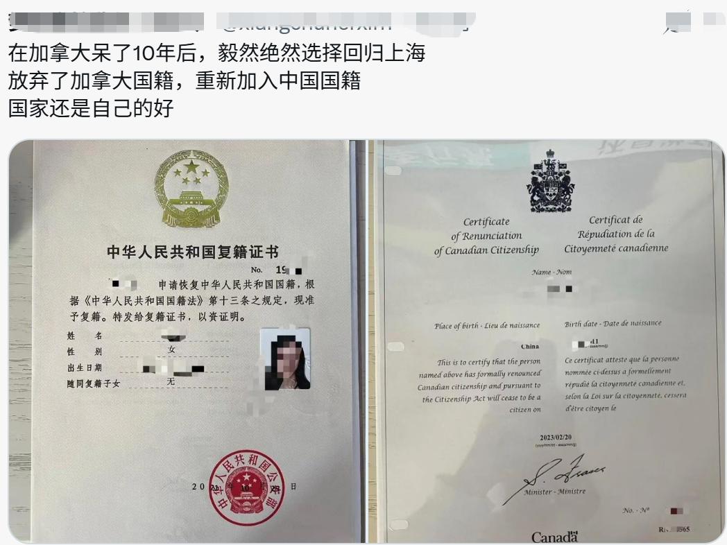 放弃加拿大国籍，
重新加入中国国籍，
国家还是自己的好。